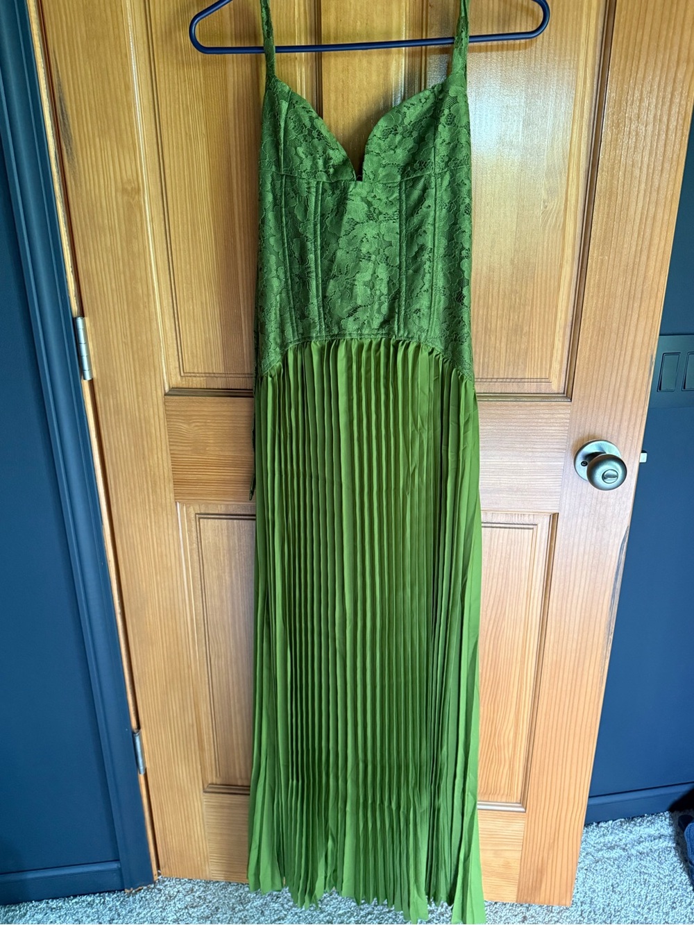 Olive Green Lace Bodice Pleated Maxi Dress